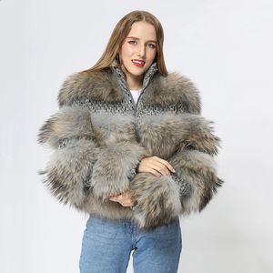 Women's Fur Faux Winter Women Short Fashion Casual Zipper StandCollar Real Raccoon Coat Jacket MJFFC20 231118