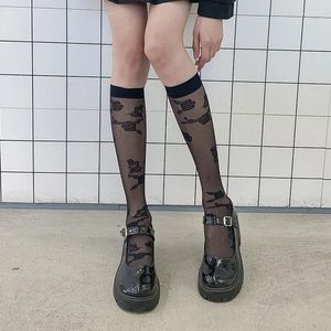 Women Socks JK Sexy Cute Calf White Slightly Transparent Half Tube Sock Sweet Rose Flower Uniform Soft Girl Black Stockings