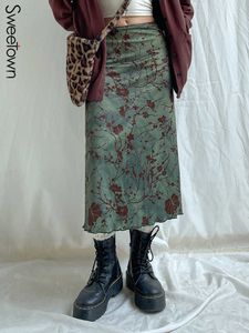 スカートスウィートタウン2022ファッション女性ラインロングスカート花柄のかわいいY2K服美学グランジローウエストプリッピースカートP230420