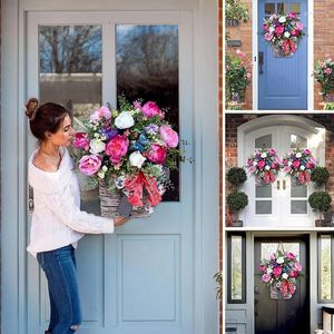 Dekorativer Blumen-Blumen-Tür-Aufhänger-Korb-Rosa-Beeren-Wildblumen-Kranz-Frühlings- und Sommer-Blumen-hängendes Haus