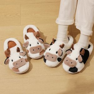 Slippers Winter Unisex Cute Cartoon Cow Warm Plush Couple s Indoor Non slip House Slides Men Women Toe Wrap Home Cotton Shoes 231120