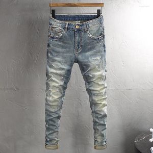 Mäns jeans high street mode män retro tvättade blå stretch smal fit rippad tryckt designer hiphop denim byxor hombre