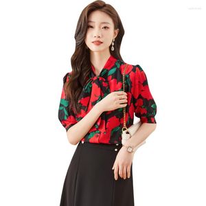 Kvinnors blusar Floral Print Blue for Women 2023 Spring Fashion Long Sleeve Shirt Office Lady Uniform High Quality Tops