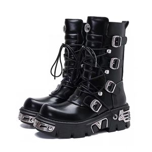 Stivaletti da moto da donna stile punk con lacci Stivaletti da moto da donna Moda donna Scarpe con suola spessa Decorazione in metallo Tacchi alti neri Grandi EUR 34 44 US 5 US 10