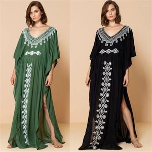 Kvinnors badkläder broderi baddräkt täcker v-hals split strand tunika kaftan svart grön överdimensionerad maxi klänning simning slitage