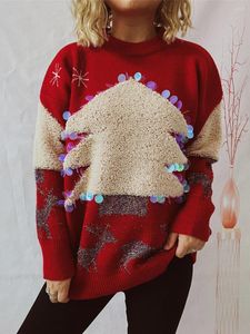 Женские свитера, женский рождественский свитер с блестками и длинными рукавами, круглый вырез, пуловер с деревом, праздничный трикотаж