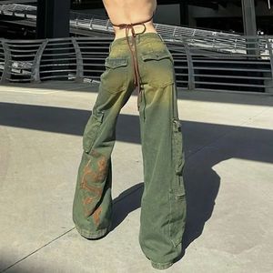 Jeans da uomo Jeans multitasche ricamati con motivo drago verde per donna Cravatte Y2k High Street Stile Instagram Personalità retrò Tuta 231118