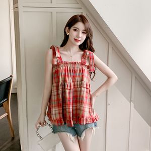 Camisoles Tanks Plaid Sleeveless T-Shirt Top Frauen Weste Sommer New Sweet and Spicy Girl Red Temperament Tank Tops Female Tees 230420