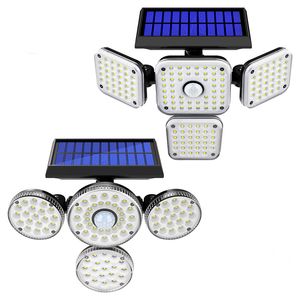 Luzes solares de lâmpada de parede externa, luz de inundação do sensor de movimento de LED, gire 4 cabeças com 3 modos, impermeável, iluminação de segurança, anotações do jardim do jardim do jardim para o amanhecer.