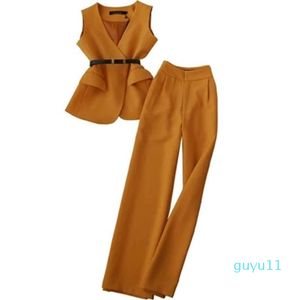 Fashion-Women's Two Piece Pants Fashion suits female spring summer casual suit female ladies V-neck vest+ high waist wide leg pant trousers