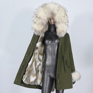 Frauen Pelz Faux Echt Mantel Wasserdichte Winter Jacke Frauen Lange Parka Natürliche Waschbären Mit Kapuze Manschetten Kaninchen Liner Streetwear 231120