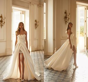 Bohemian Romantic A Line Wedding Dresses Strapless Pleats Draped Hi-Lo Beach Tiered Satin Second Reception Dresses Bridal Gowns Custom MN016
