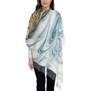 Sciarpe Sciarpa con nappe da donna Blu Bianco Oro Marmo Lungo morbido e caldo Scialle e avvolgente Pittura fluida ad acquerello Abbigliamento quotidiano Pashmina