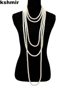 8mm Glass Pearl Necklace for Women - 1.5m Multi-layer Knotted Sweater Chain Jewelry