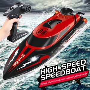 Electric/RC Boats 2.4G HJ808 RC High Speed Boat 25km/h Racing Speedboat Waterproof Dual Motor Low Power Alarm Remote Control Boat Toys for boys 230420