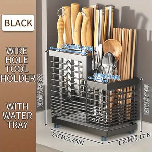 1pc Stainless Steel Kitchen Knife Holder, Knife Storage Rack, Chopsticks Barrel For Kitchen Countertop Or Hanging On The Wall, Kitchen Supplies