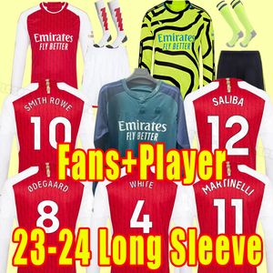 Camisas de futebol de manga comprida 23 24 G.JESUS Arsen Gunners WHITEOUT VIOLENCE WHITE THOMAS PEPE SKA TIERNEY SMITH 2023 2024 Home Away Terceiro Kit Completo Meias Torcedores Jogador