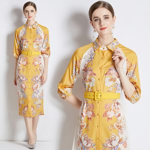 2023 Çiçek Gömlek Boyun diz boyu elbise Kadın pist tasarımcısı moda uzun kollu ince zarif baskılı parti elbiseler Sonbahar Kış Ofis bayanlar pist frocks
