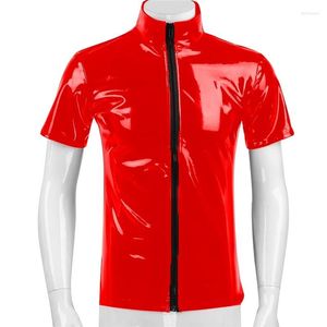 Herren T-Shirts Herren Sexy PVC Helle Leder T-Shirts Schlankes T-Shirt mit kurzen Ärmeln und langem Reißverschluss vorne