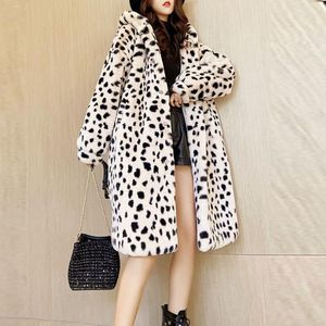 Kvinnors päls 2023 vinter mode kvinnor koreanska huva varm parka kappa trendig casual lös jacka imitation leopard