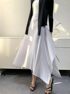 Skirts Miyake Pleated Style Long For Womens 2023 Office Fashion Spring Summer Solid Color Half Lace-up Skirt