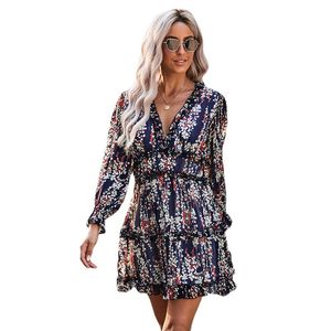 Casual Dresses Backless Open Back Chiffon Waistband Sexy High Waisted Long Sleeved Floral dress for women