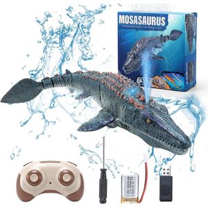 Electric/RC Animals 2.4G Fjärrkontroll dinosaurie för barn Mosasaurus dykning Toys RC Boat med lätt sprayvatten för pool badrum bad leksaker 230420