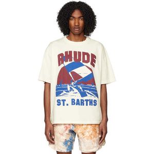 Roupas de moda de grife camisetas de hip hop Rhude23ss primavera verão novo pôr do sol mar vela casal vintage lindos homens de manga curta vtg t-shirt solto streetwear