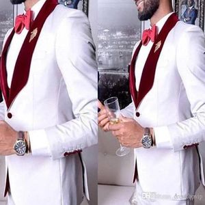 Men's Suits 2023 White Burgundy Velvet Lapel Party Mens For Wedding 3 Pieces Groom Slim Fit Custom Made Men Tuxedo Suit