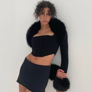 Jaquetas femininas topo de colheita para mulheres moda gola de pele de malha topos elegante sexy casaco outono inverno jaqueta solta mulher roupas 231120