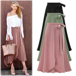 Юбки M-6xl Женщины макси-юбка розовая ruffle высокая талия Boktie Slit Long Skirt Весна летняя офис. Кассовая элегантная сплошная юбка плюс P230420