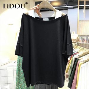 Damen T-Shirt Korean Style Sommer Oversize Kleidung Rundhals Schulterfrei Aushöhlen Sling Gefälschte Zweiteiler Tops Frauen Lose T-Shirt 230420