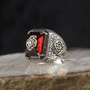 Cluster Rings Retro Handmade Turkish Signet for Men Women Ancient Silver Color Carved Eagle Inlaid Red Zircon Punk Motor Biker 230420