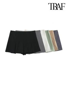 Shorts femininos traf mulheres moda com shorts plissados ​​saias vintage na cintura alta zíper feminino skort mujer 230420