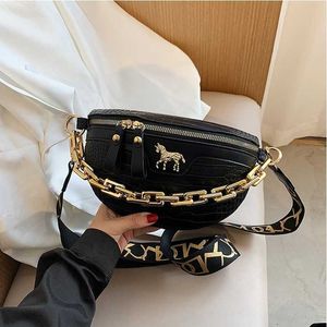 Akşam çantaları odile desen pu deri bel çantaları kadınlar için moda zinciri bel paketi kadın fanny paketleri geniş kayış omuz crossbody çantası j230419