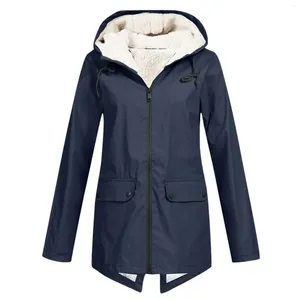 Women's Jackets Plush Thickening Windbreaker Jacket Women Solid Plus Size Hooded Raincoat Outdoor Windproof Long Zip Up Coat