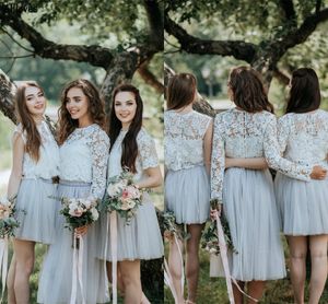 İki parça dantel üst bridemsmaid elbiseler rustik ülke mücevher boyun gri tül bir çizgi uzun ömürlü taban uzunluğu düğün konuk parti elbisesi artı beden cl2187