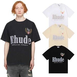 Designer-Modekleidung T-Shirts Hip-Hop-T-Shirts High Street Rhude Wheat Ear Letter Couple Loose Relaxed Cotton Short Sleeve T-Shirt Tee Streetwear Loose Sportswear