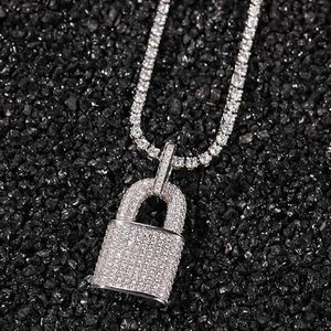 14K Gold Plated Diamond Zircon Lock Pendant Halsband med 3mm 24 -tums repkedja Koppar Hip Hop -smycken för män Kvinnor Gift251y