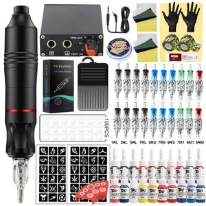 Tatueringsmaskin Komplett patron Tattoo Pen Machine Kit med tatuering av kraftförsörjningspedal och patronnål för tatueringskonstnär Set 231120