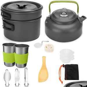Camp Kitchen Camp Kitchen Cam Cookware Set Outdoor Pot Cuptableware Kit Cooking Water Kettle Pan Travel Cutlery Utensils Hiking Picnic Dhnz1