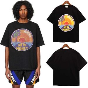 Roupas de moda de grife Tees Hip hop TShirts Rhude 23ss Primavera verão Novo Meia Manga Masculino Americano Oversize Coconut Tree Impressão de Letras Estilo de Casal Streetwear