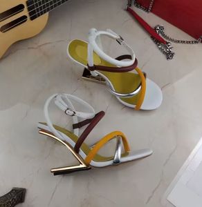 Women's Cross Strap Sandals Fashion Metal Letter Heel Leather Buckle High Heels 9.5cm Luxury Party Wedding Shoes 35-42