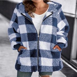 Women's Hoodies 2023 Long Sleeved Plaid Hooded Zipper With Pocket Loose Coat