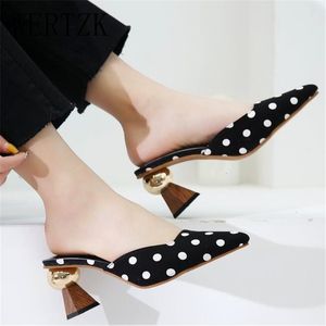 Klänningskor Högklackade tofflor Pekade tåskor Kvinna Elegant Mules Shoes Women Black White Dot Metal Heel Outdoors Womens Slippers E662 230419