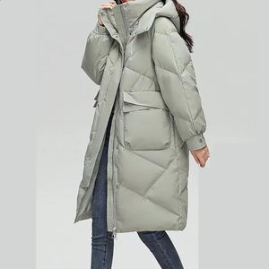 Damen Daunenparkas FIGOHR Dicker weißer Entenmantel mit Reißverschlusstaschen Bürodame Elegant Solide Warme Kapuzenjacke Herbst Winter 231118