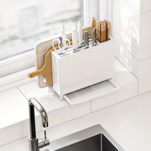 1pc Knife Block & Utensil Holder, Metal Blocks Knife Holder With Drainage Hole, Modern Kitchen Countertop Organizer With White Tray, For Knife, Cutting Board, Spoon