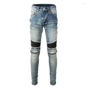 Herr jeans street mode män retro blå elastisk smal passformad cyklist homme läder lapp designer hip hop varumärke byxor