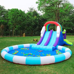Jogar diversão dupla explosão slides infláveis para crianças brinquedos de salto infláveis ao ar livre jogar divertido arco-íris slides duplos castelo parque aquático slide com piscina quintal