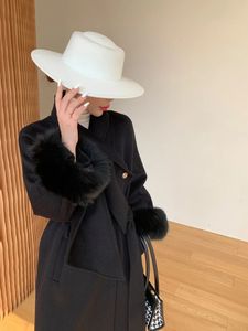 Women's Down Parkas 2023 Fashion Fur Cuff Winter Women Coat Doublesided Wool blends Cashmere Loose Bowknot Collar Warm Luxury Streetwear 231120